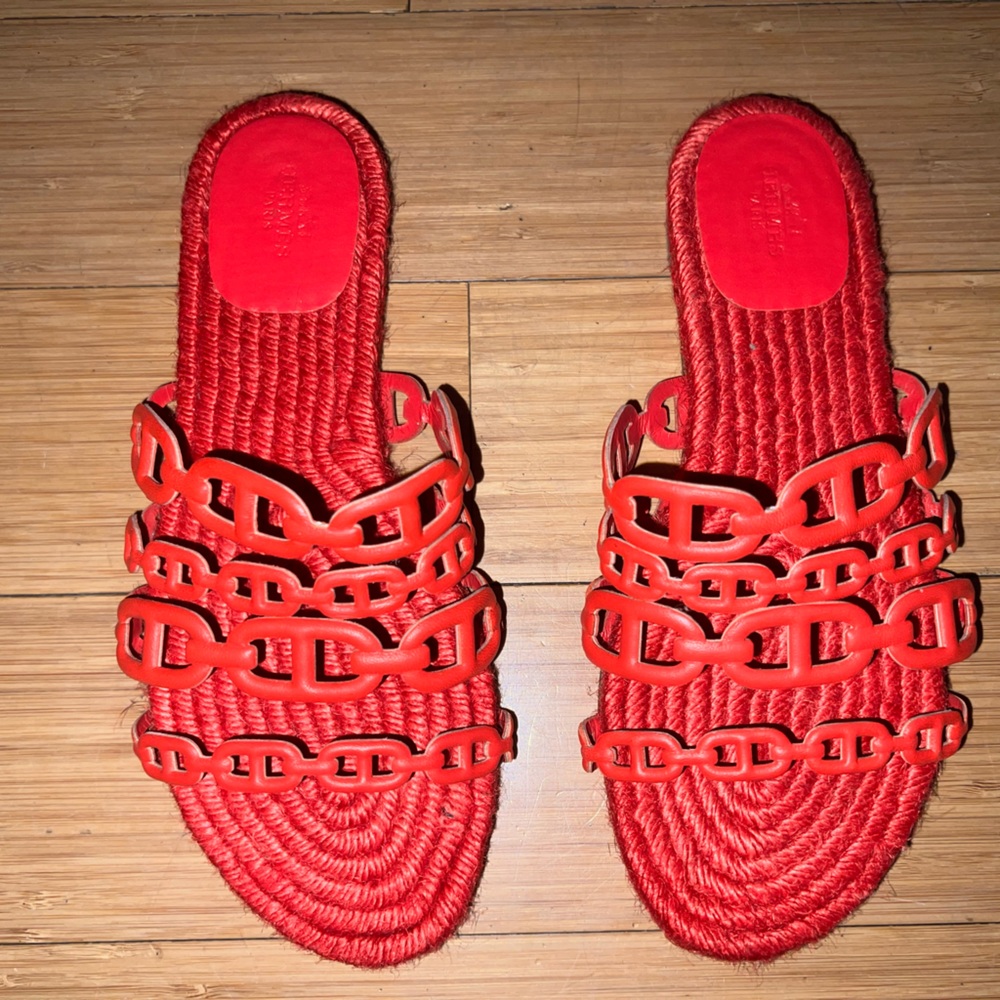 Hermes Ancone Espadrille Sandals EU 37 Leather Red